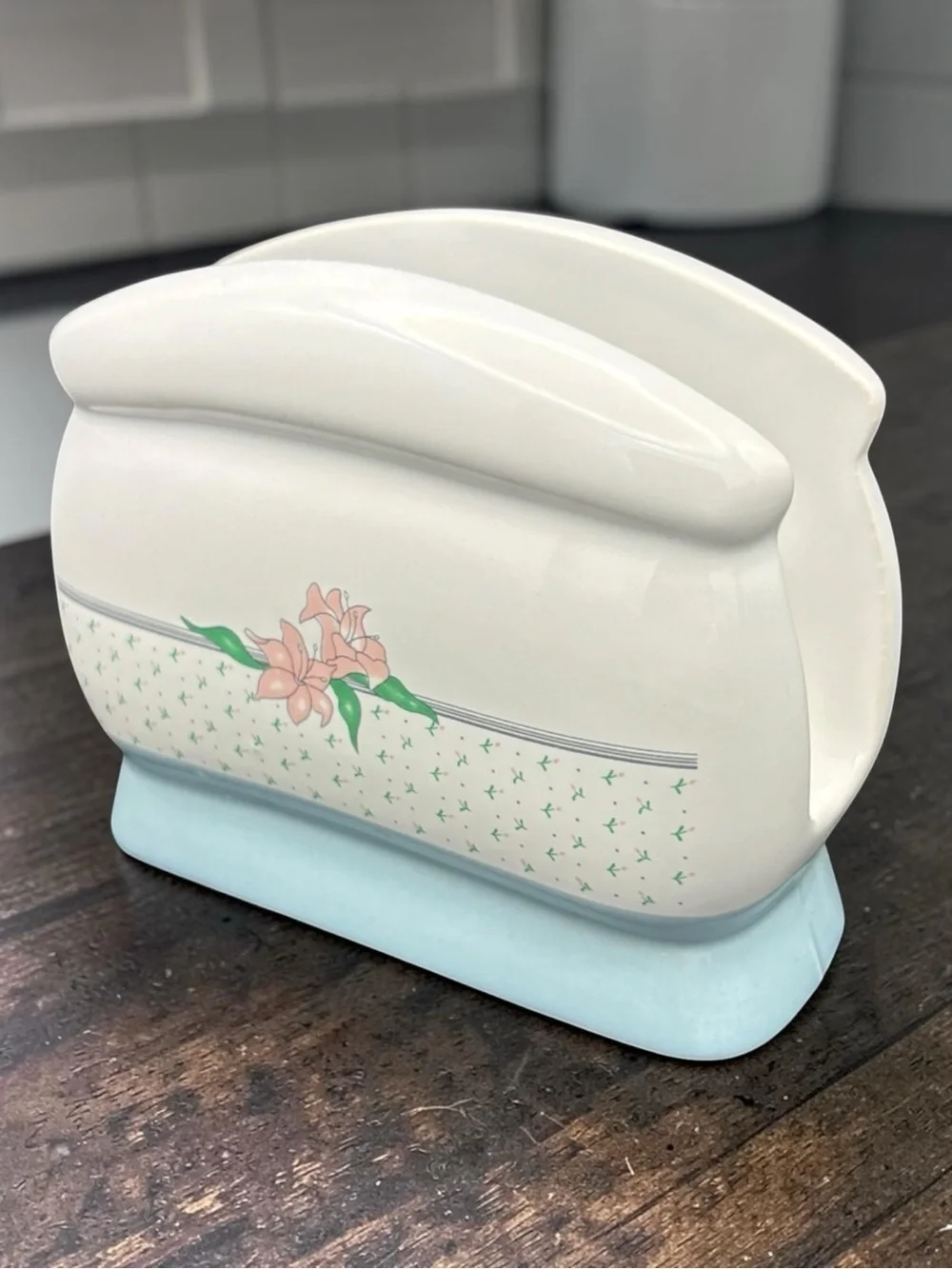Vintage 1989 House Of Lloyd Floral Ceramic Napkin Holder Pink Iris Design EUC